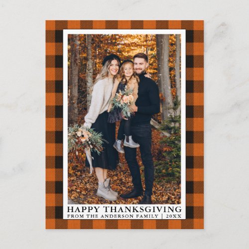 Orange Plaid Family Photo Happy Thanksgiving Postcard