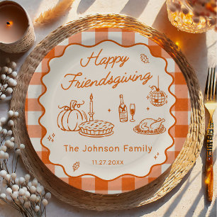 Orange Plaid Friendsgiving Dinner Paper Plates