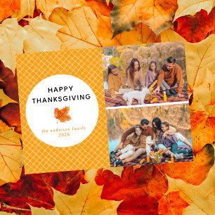 Orange Plaid Happy Thanksgiving Autumn 2 Photo Holiday Card