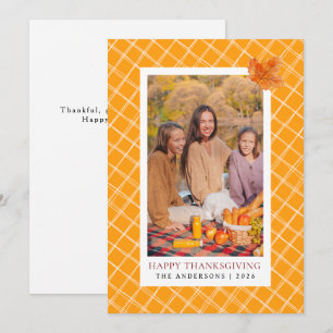Orange Plaid Happy Thanksgiving Autumn Photo Holiday Card