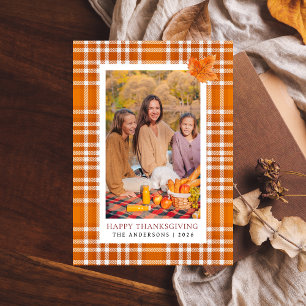 Orange Plaid Happy Thanksgiving Autumn Photo Holiday Card