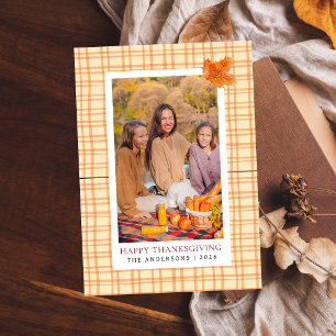 Orange Plaid Happy Thanksgiving Autumn Photo Holiday Card
