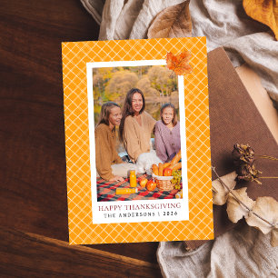 Orange Plaid Happy Thanksgiving Autumn Photo Holiday Card