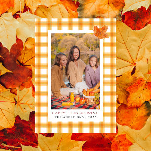 Orange Plaid Happy Thanksgiving Autumn Photo Holiday Card