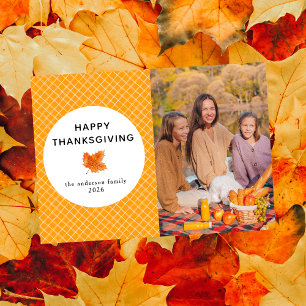 Orange Plaid Happy Thanksgiving Autumn Photo Holiday Card