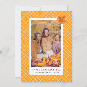 Orange Plaid Happy Thanksgiving Autumn Photo Holiday Card