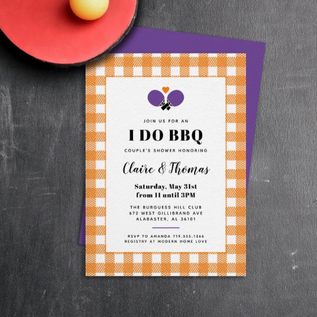 Orange Plaid I Do BBQ Ping Pong Invitation (preppy orange, purple and white gingham plaid country club I Do BBQ invitation)
