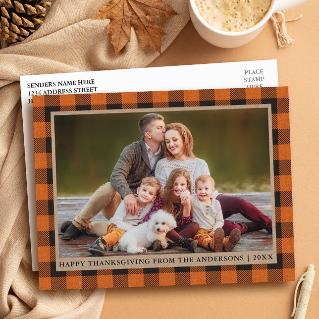 Orange Plaid Kraft Family Photo Happy Thanksgiving Postcard (Customize to change text size or text style.)