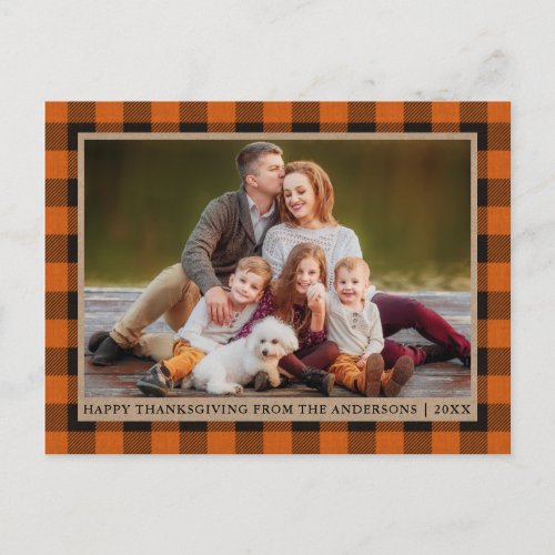 Orange Plaid Kraft Family Photo Happy Thanksgiving Postcard