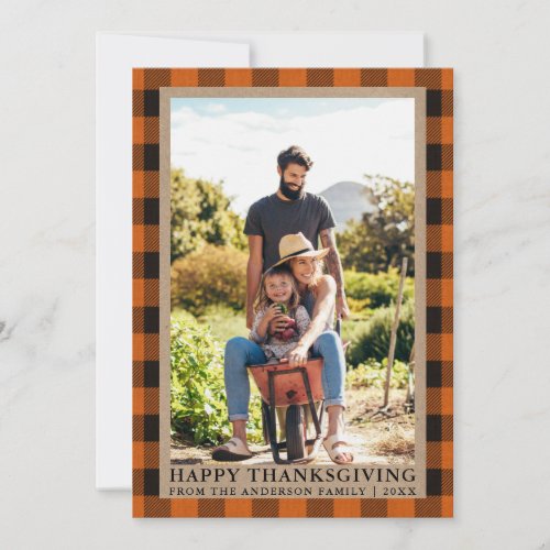 Orange Plaid Kraft Happy Thanksgiving Family Photo Holiday Card