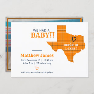 Orange Plaid Made In Texas Horizontal Photo Announcement