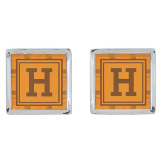 Orange Plaid Pattern Checkered Tartan Monogram Cufflinks