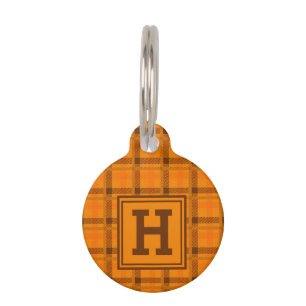 Orange Plaid Pattern Checkered Tartan Monogram Pet ID Tag