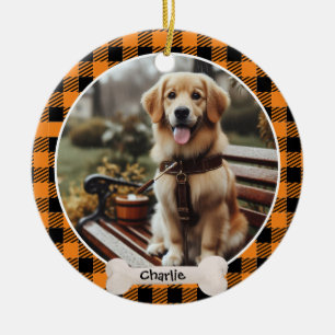 Orange Plaid Pattern Custom Name, Cute Pet Photo Ceramic Ornament