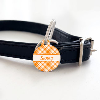 Orange Plaid Pattern & Custom Pet Name And Number Pet ID Tag