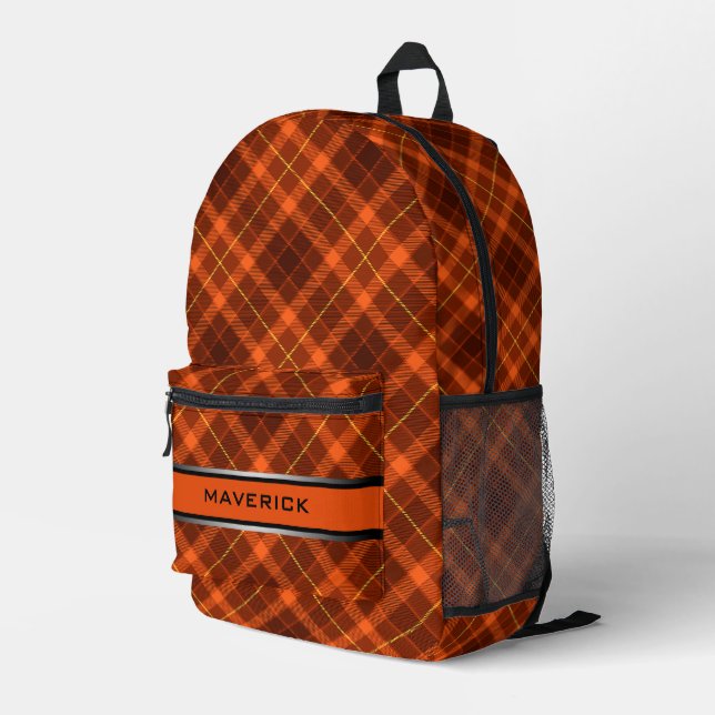  Orange Plaid Pattern Modern Masculine Custom Name Printed Backpack (Back Corner Right)