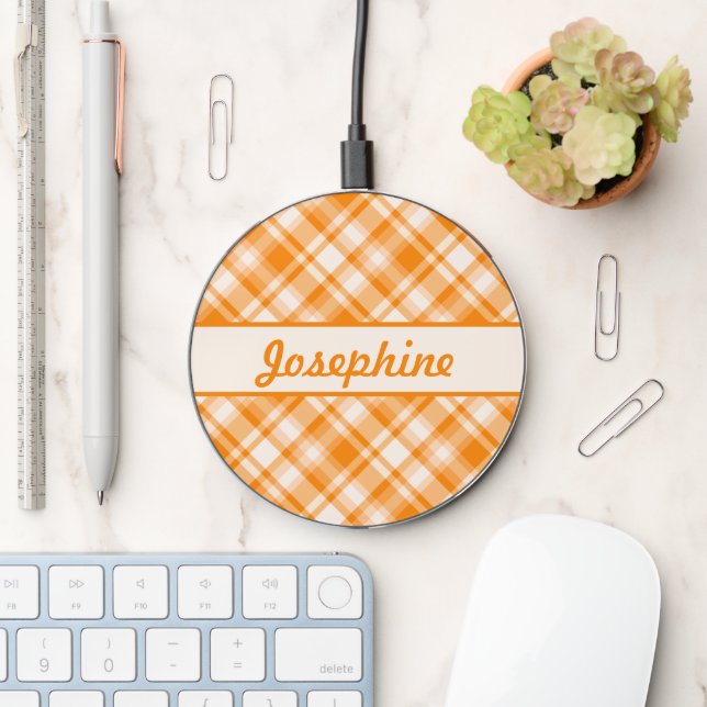Orange Plaid Pattern With Custom Name Wireless Charger (Desk)