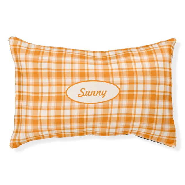 Orange Plaid Pattern With Custom Pet Name Bed (Front)