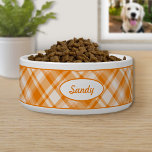 Orange Plaid Pattern With Custom Pet Name Bowl<br><div class="desc">Lovely plaid pattern in orange color scheme. There is also an oval shape banner that has a personalizable text area for the name of the pet. The font is a nice script font in orange color.</div>