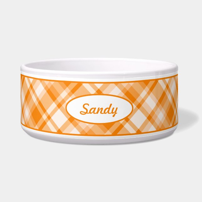 Orange Plaid Pattern With Custom Pet Name Bowl (Front)