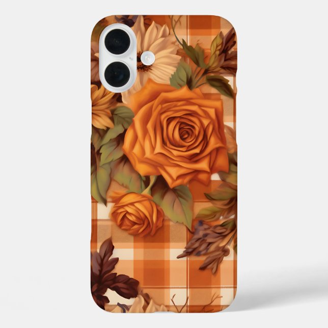 ORANGE PLAID PATTERN WITH FALL FLOWERS Case-Mate iPhone CASE (Back)