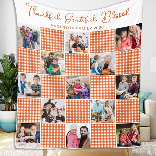Orange Plaid Personalized Family 13 Photo Collage Fleece Blanket