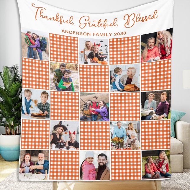 Orange Plaid Personalized Family 13 Photo Collage Fleece Blanket (Creator Uploaded)