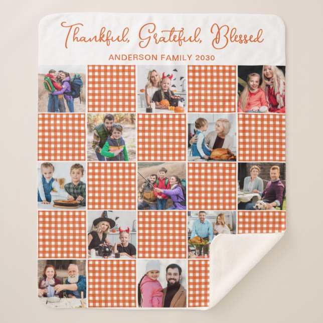 Orange Plaid Personalized Family 13 Photo Collage  Sherpa Blanket (Front)