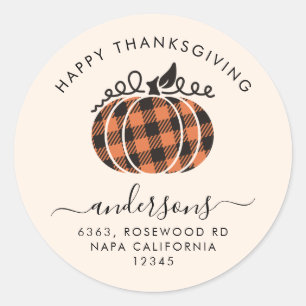 Orange Plaid Pumpkin Thanksgiving Return Address Classic Round Sticker