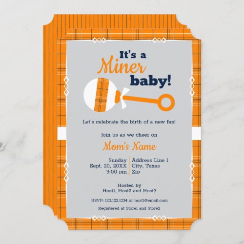 Orange Plaid Rattle Miner Baby Shower Invitation