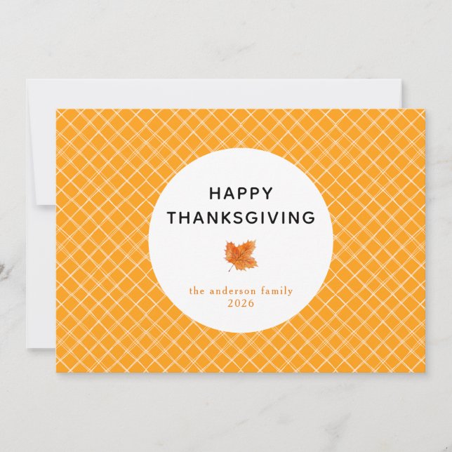 Orange Plaid Simple Happy Thanksgiving Autumn Hol Holiday Card (Front)