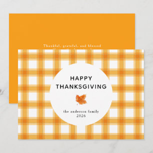 Orange Plaid Simple Happy Thanksgiving Autumn Holiday Card