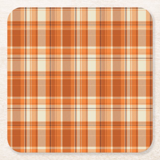 Orange plaid square paper coaster (Front)