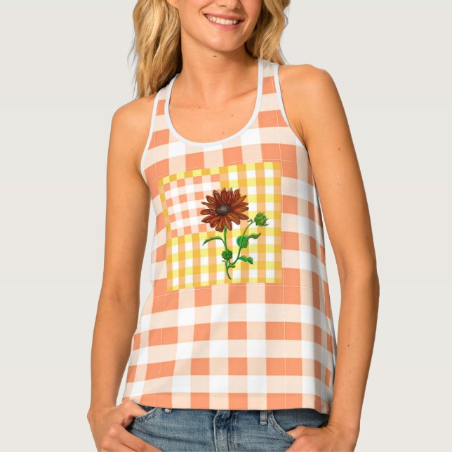 Orange Plaid Sunflower Tanktop Tank Top (Front)