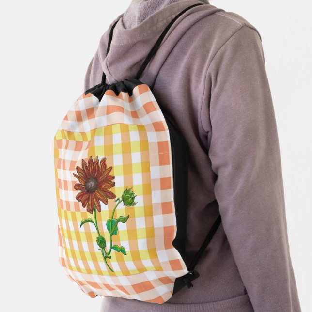 Orange Plaid Sunflower Tanktop Tank Top Drawstring Bag (Insitu)