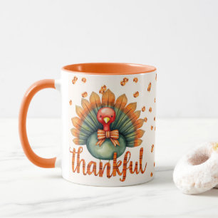 Orange Plaid Thankful Cute Turkey Thanksgiving Mug