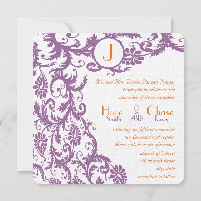 Orange Plum Damask Monogram Wedding Invitation (Front)