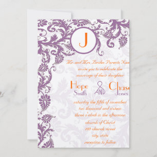 Orange Plum Damask Monogram Wedding Invitation
