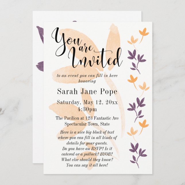 Orange & Plum Leaves Pretty Typography Invitation (Front/Back)