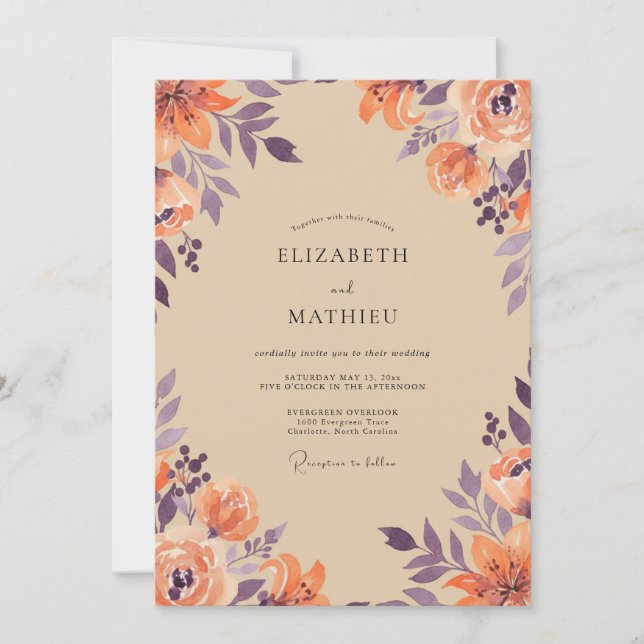 Orange Plum Wildflower Wedding Invitation (Front)