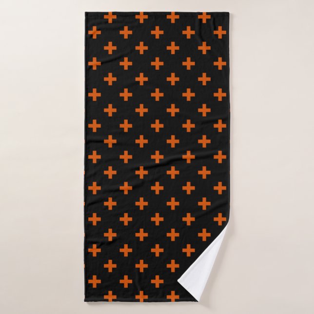 Orange polka crosses on black bath towel (Bath Towel)