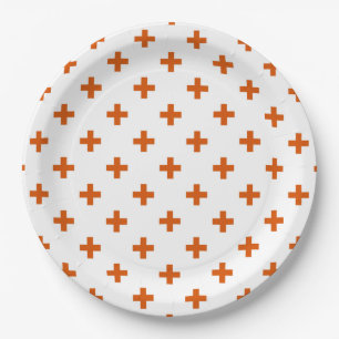 Orange polka crosses on white paper plates