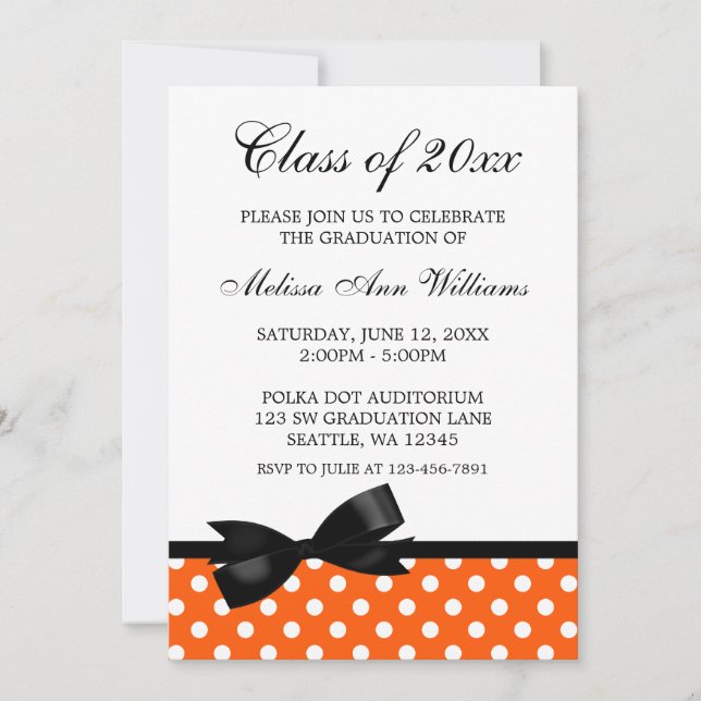 Orange Polka Dot Black Bow Graduation Announcement (Front)
