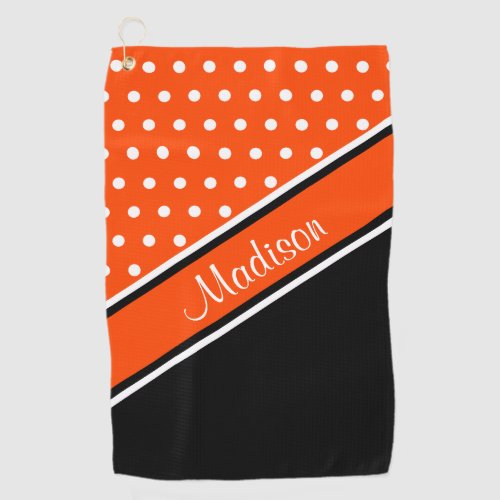 Orange Polka Dot Black Diagonal Script Name Golf Towel