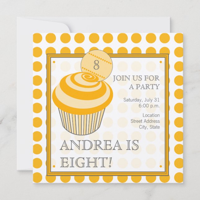 Orange Polka Dot Cupcake Birthday Party Invitation (Front)