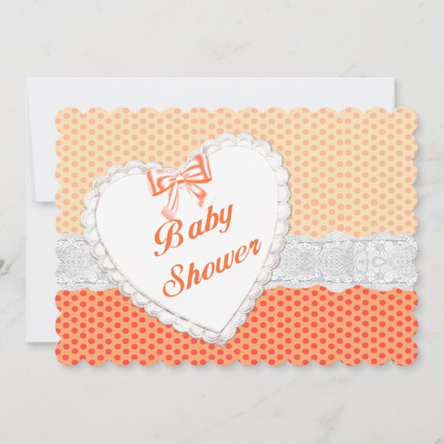 Orange Polka Dot Lace Heart Baby Shower Invitation (Front)