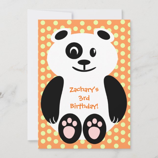 Orange Polka Dot Panda Birthday Invitations (Front)