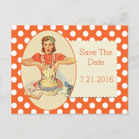 Orange Polka Dot Retro Save The Date Postcard