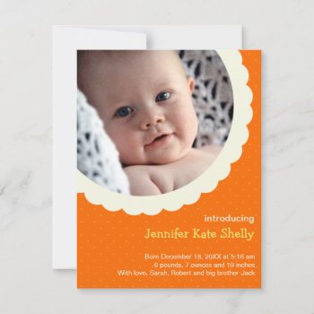 Orange Polka Dot Rosette Photo Cute Baby Birth Announcement by FidesDesign at Zazzle