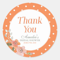 Orange Polka Dot with Delicate Floral Thank You Classic Round Sticker